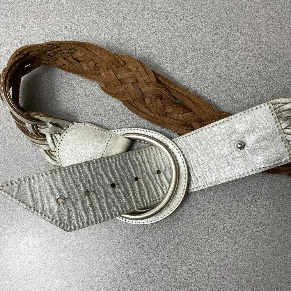 Chicos Woven Leather Belt Womens Small Metallic Silver D Ring Buckle Wide Boho